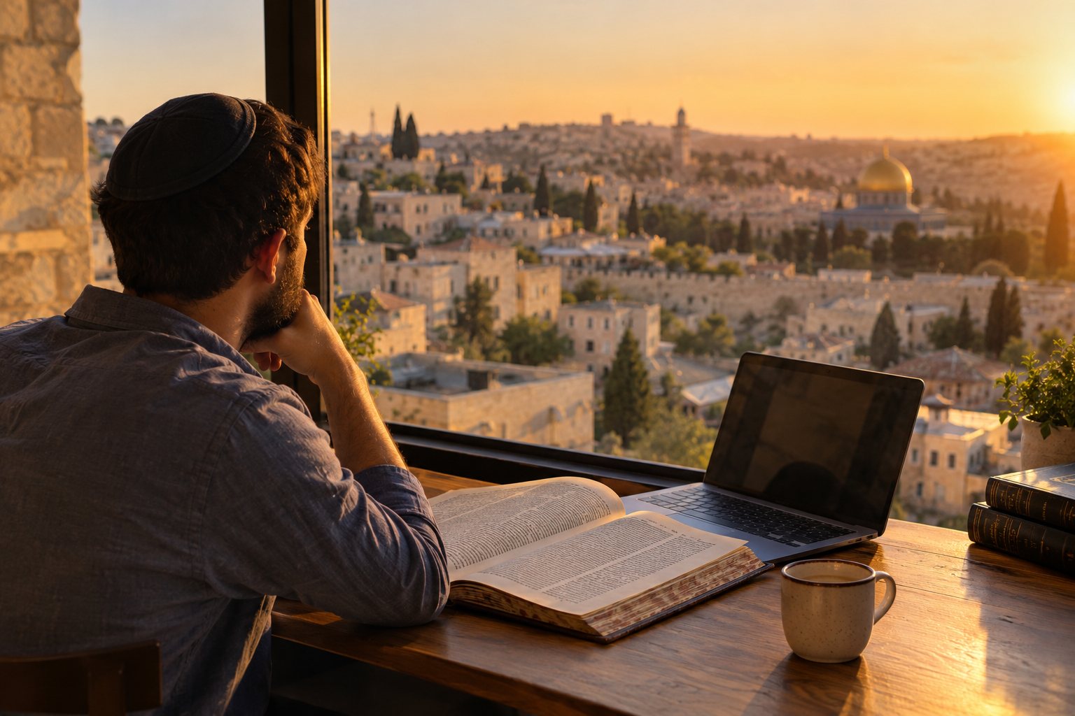 A student studying Gemara at a laptop by a window overlooking Jerusalem at sunset